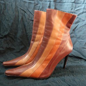 '70s-style, Bronx "Helene" Brown striped Leather Stiletto Heel boots size 9.5